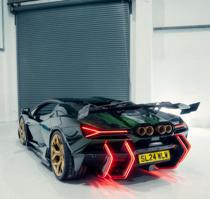 Lamborghini Revuelto – DK Style Carbon Fiber LED Rear Bumper Diffuser Canards